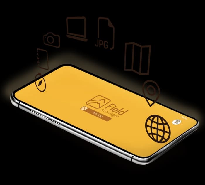 Phone running Field Manager exporting photos, plans, JPG and GPS data to GIS formats