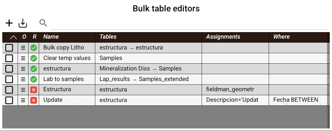 Bulk table editors manager, with the New and Import buttons and a search box above the saved editors