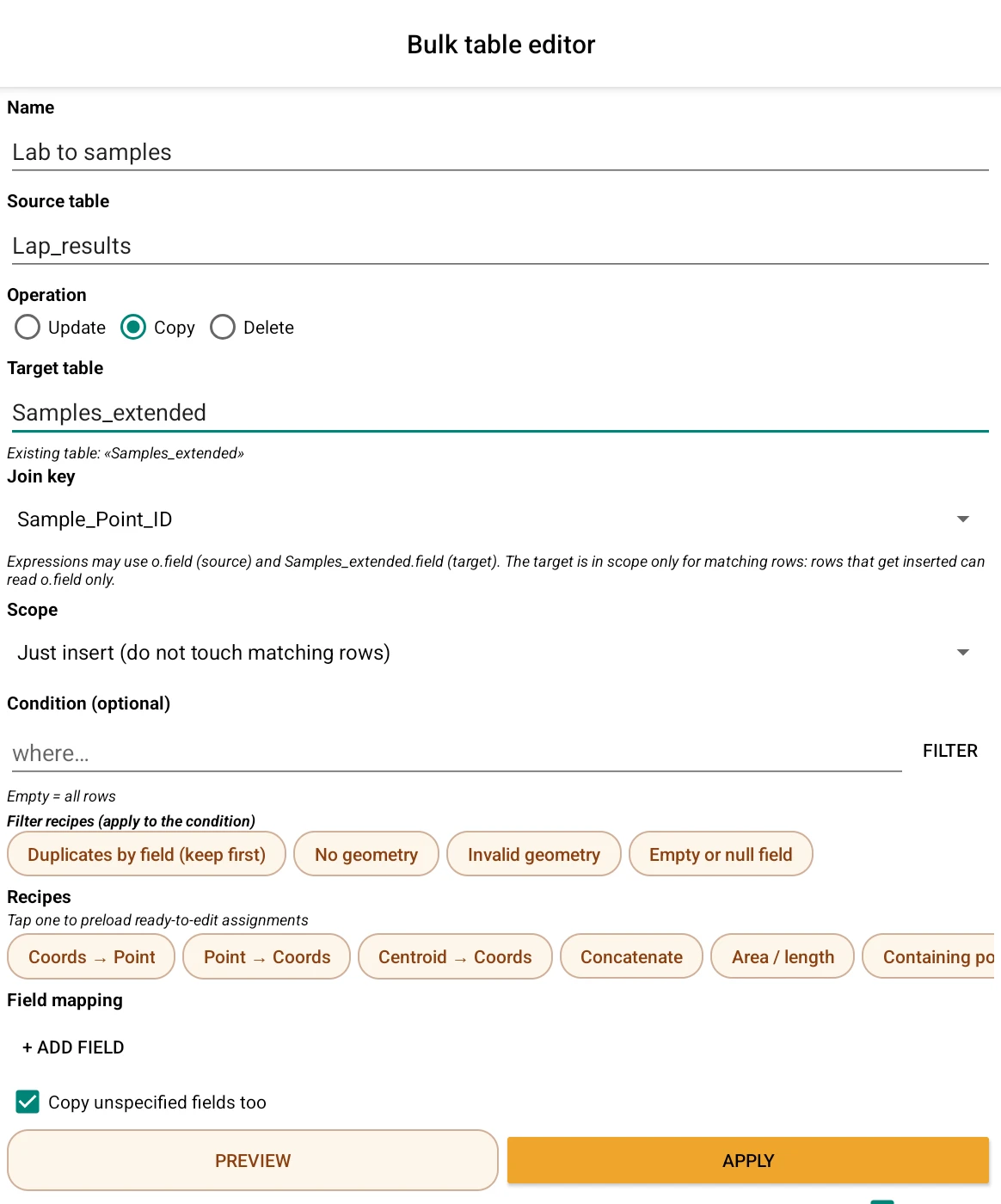 Bulk editor in Copy mode: target table, join key, scope and the Copy unspecified fields too checkbox