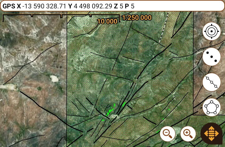 Map with structural lineaments over satellite imagery and the point, line and polygon drawing buttons