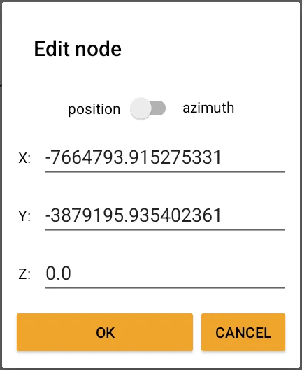 Edit node dialog: exact X, Y and Z coordinates, or switch to azimuth entry
