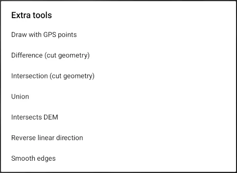 Extra tools: draw with GPS points, difference, intersection, union, intersect DEM and smooth edges