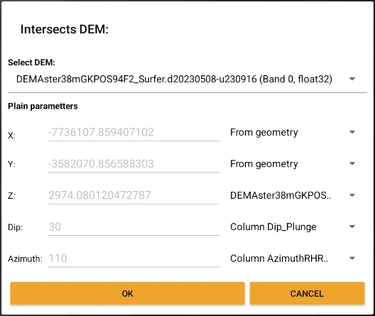 Intersects DEM: pick the elevation model and take dip and azimuth from table columns