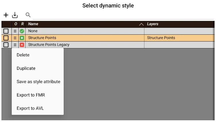 Project dynamic style picker, with the menu to duplicate, save as style attribute or export