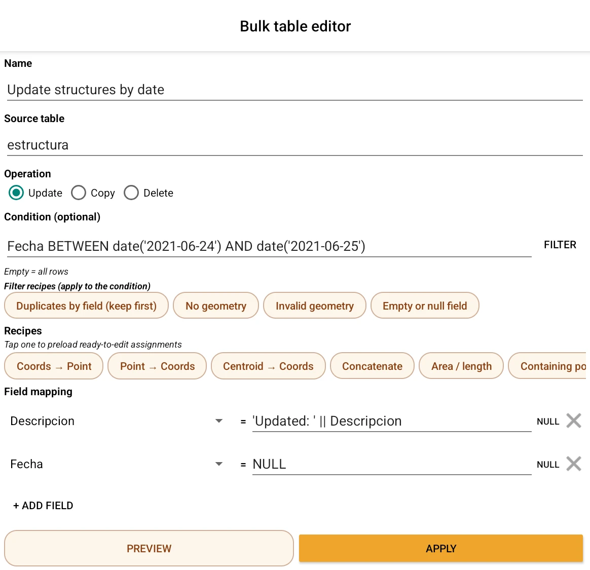 Editor masivo en modo Actualizar: tabla origen, condición, fila de recetas y mapeo de campos con datos cargados