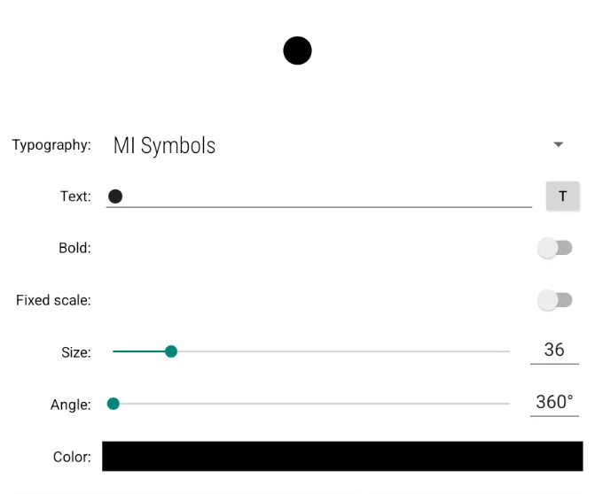Estilo de punto: tipografía de símbolos MI, texto del símbolo, tamaño, ángulo de rotación y color