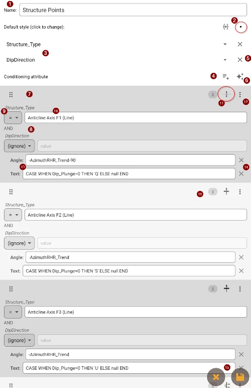 Editor de estilo dinámico con atributos condicionantes y condiciones por tipo de estructura, ángulo y texto