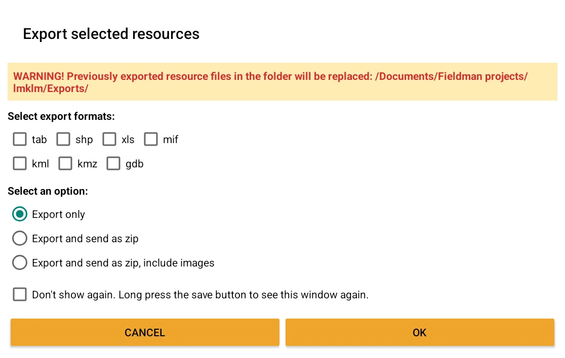 Export selected resources: tab, shp, xls, mif, kml, kmz and gdb formats, plus the sending options