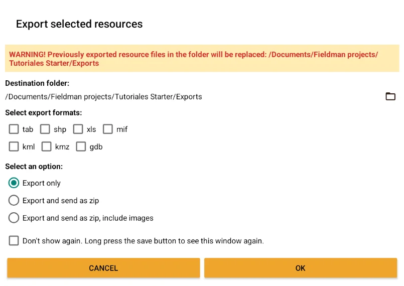Exportar recursos: carpeta de destino, formatos tab, shp, xls, mif, kml, kmz y gdb, y envío como zip