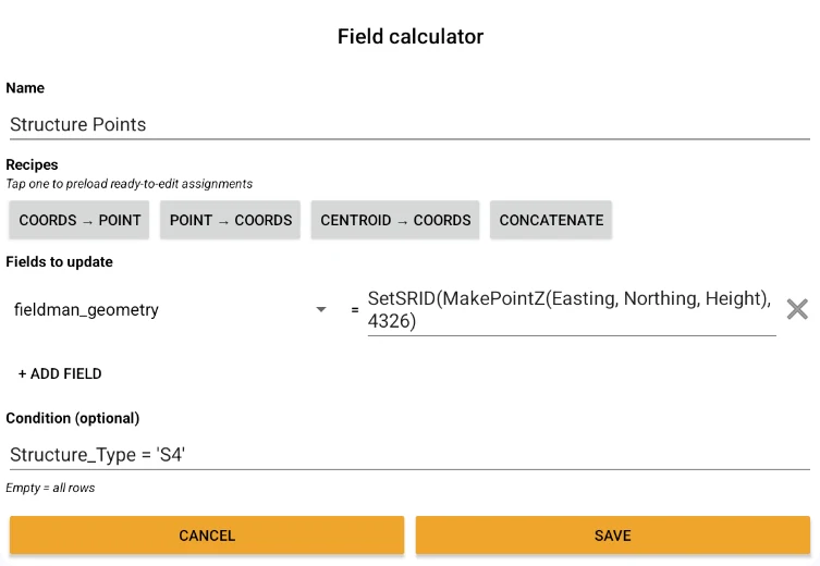 Selector de calculadores de campos del proyecto, con sus asignaciones y la condición que los limita