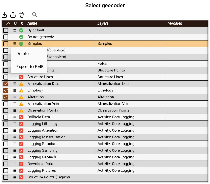 Project geocoder picker, showing per-layer compatibility and the associated logging tables