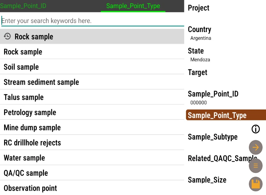 Data entry assistant: list of sample types to pick and, at right, the fields already filled in