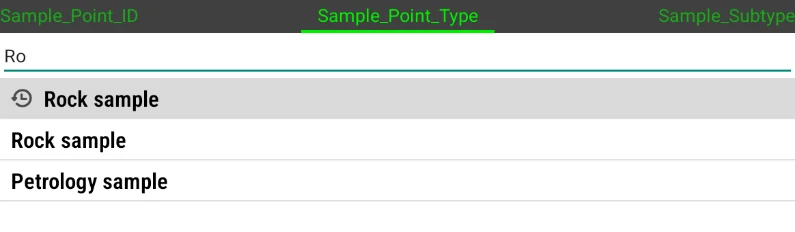 Text selector filtering options as you type, with the last value used shown on top