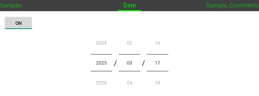 Date selector with year, month and day wheels to date the sample