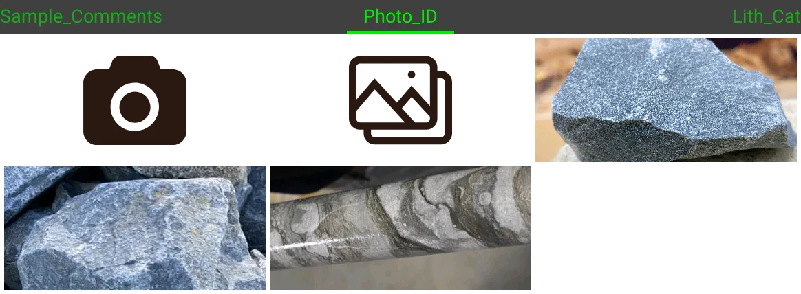 Image selector: camera and gallery buttons, plus the sample and core photos already attached