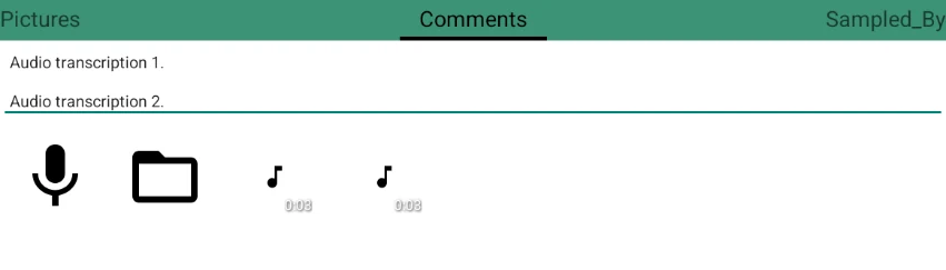 Audio selector: record or pick a file, with two attached clips and their transcriptions
