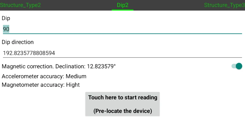 Selector de rotación: buzamiento y dirección de buzamiento medidos con el sensor, con corrección magnética activa