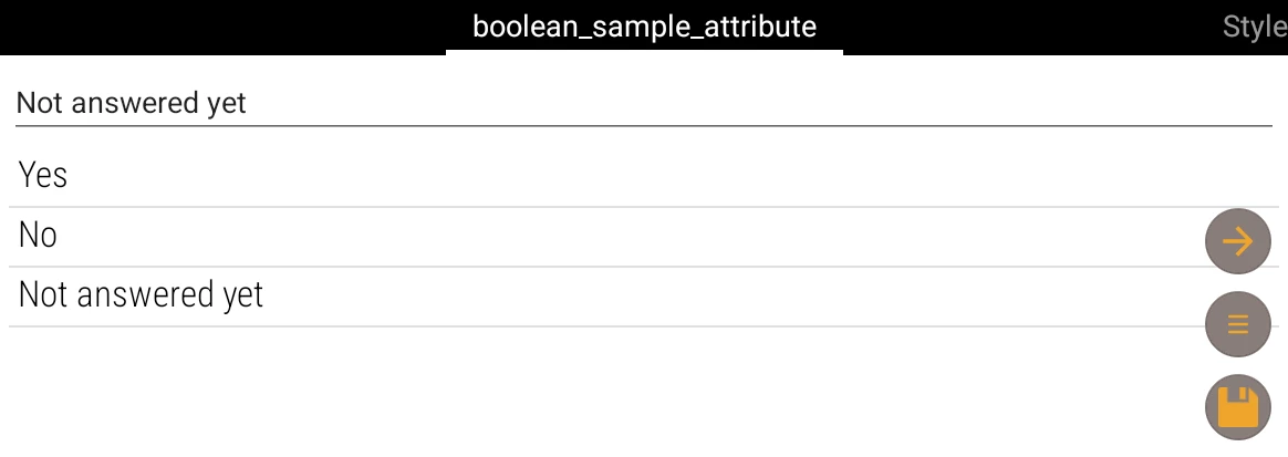 Selector booleano con las tres opciones Sí, No y Sin responder, y el valor actual arriba de la lista