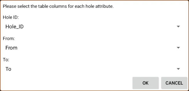 On import, file columns are mapped to the drill hole attributes Hole ID, From and To