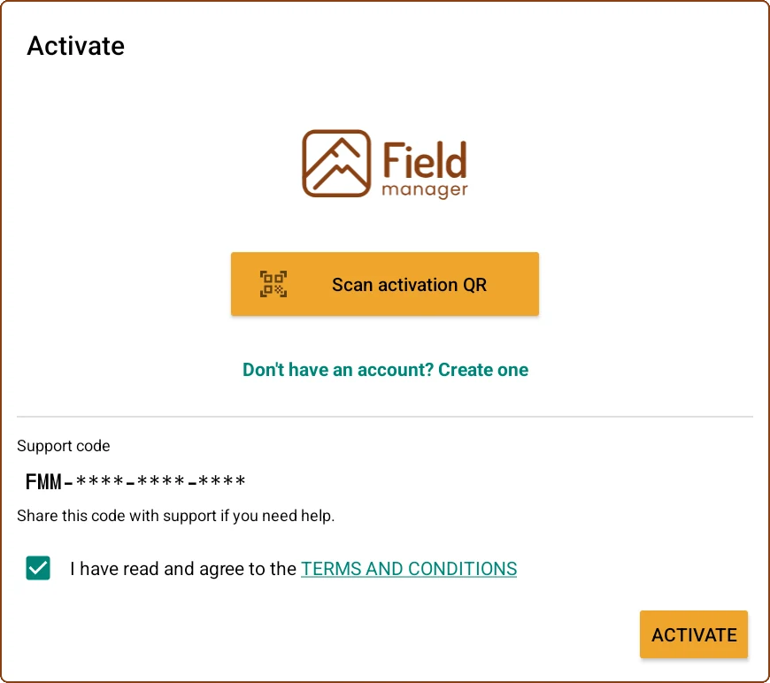 Pantalla de activación de Field Manager con el botón para escanear el QR, el código de soporte y los términos