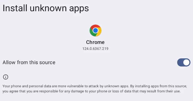 Android's "Install unknown apps" permission enabled for the browser used to download the APK