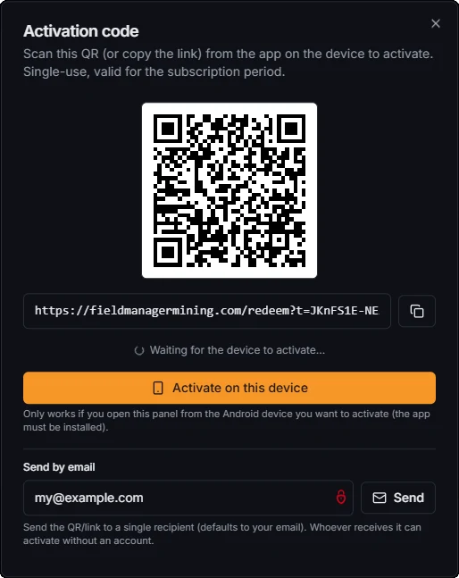 Web activation-code panel: single-use QR, copyable link and send-by-email option