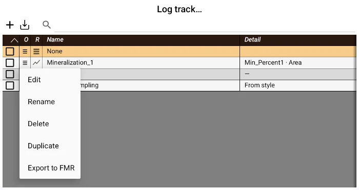 Diálogo Track de log con los tracks del proyecto y el menú para editar, duplicar o exportar a FMR