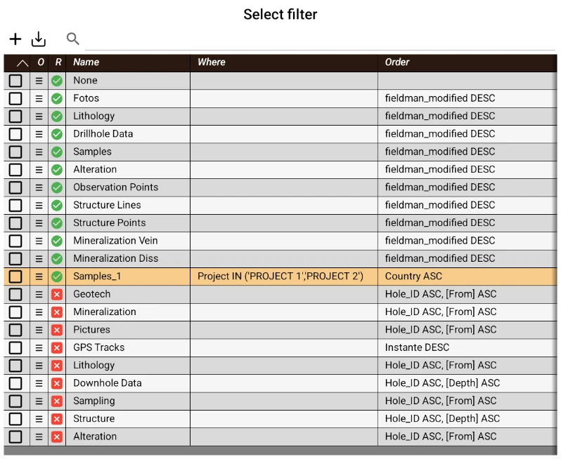 Selector de filtros del proyecto: litología, alteración, mineralización, muestreo y geotecnia, con su cláusula y orden