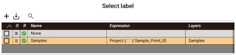 Selector de etiquetas con la expresión que concatena Project y Sample_Point_ID y las capas donde aplica