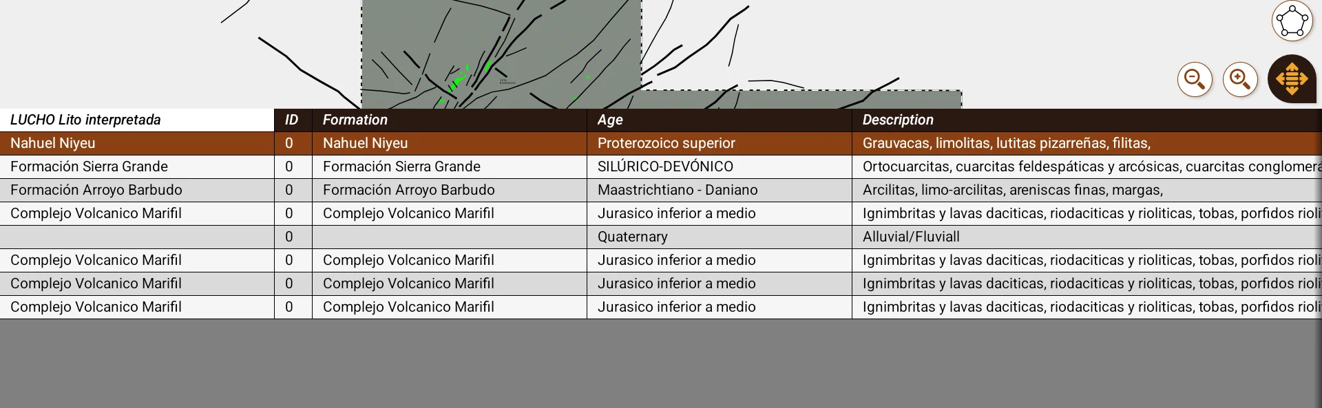 Navegador de datos sobre el mapa: tabla de litología interpretada con formación, edad y descripción