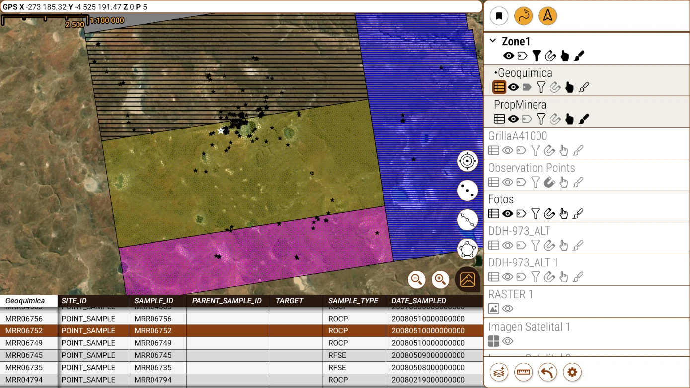 Surface mapping: satellite imagery with alteration polygons, sample points, layer menu and data browser