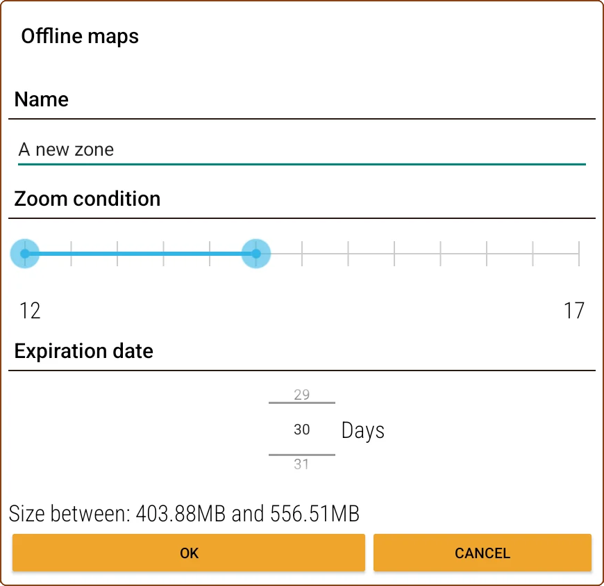 New offline map zone: zoom range 12 to 17, 30-day expiry and estimated download size
