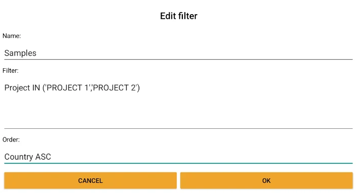 Filter editor with an SQL condition on the Project field and a sort order