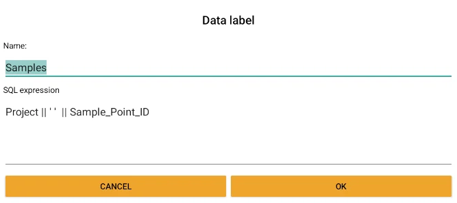 Label editor: name and SQL expression concatenating Project with Sample_Point_ID