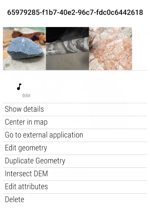 Feature context menu with its sample photos and audio: details, center, edit geometry, intersect DEM