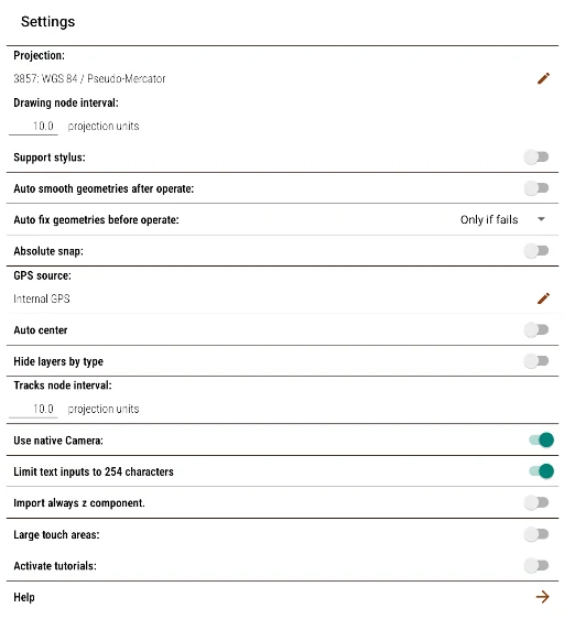 Preferences window: projection, node interval, stylus support, absolute snap and GPS source