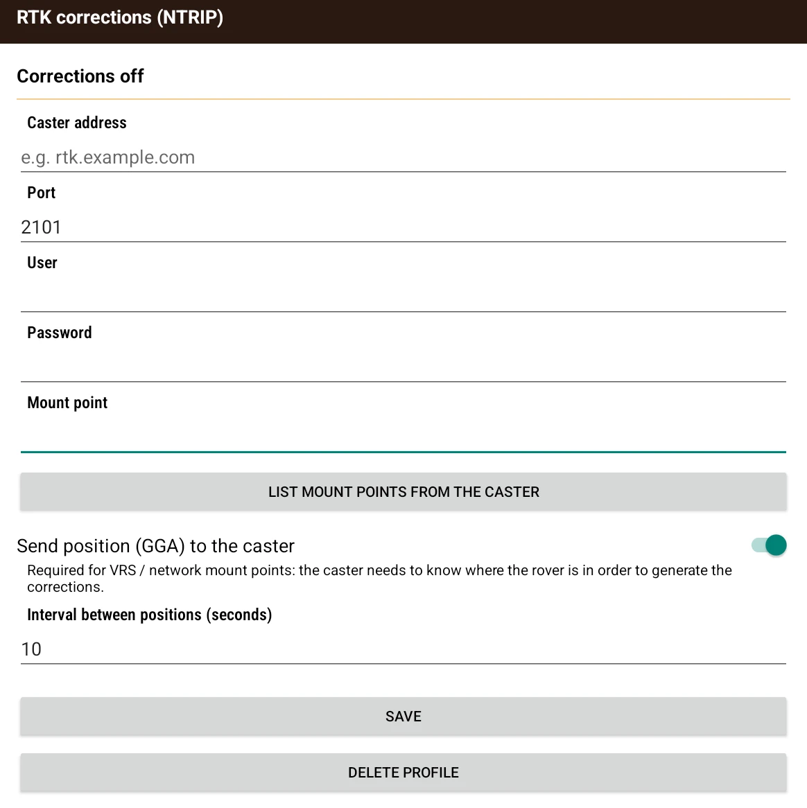 Formulario de correcciones RTK por NTRIP: dirección del caster, puerto, usuario, punto de montaje y envío de la posición GGA