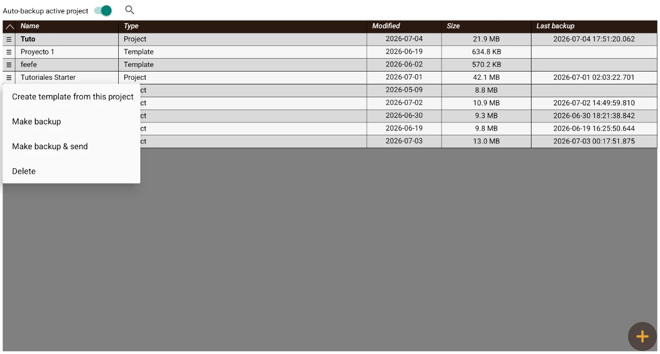 Project manager: list of projects and templates with size, date and last backup