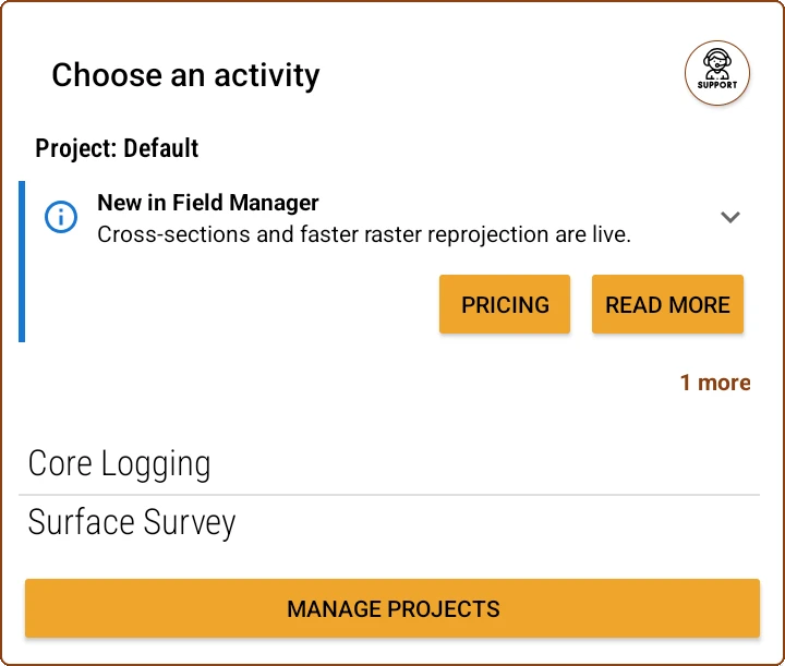 Notices panel inside the main menu, between the project name and the list of activities, with one card and the button to see the remaining notices