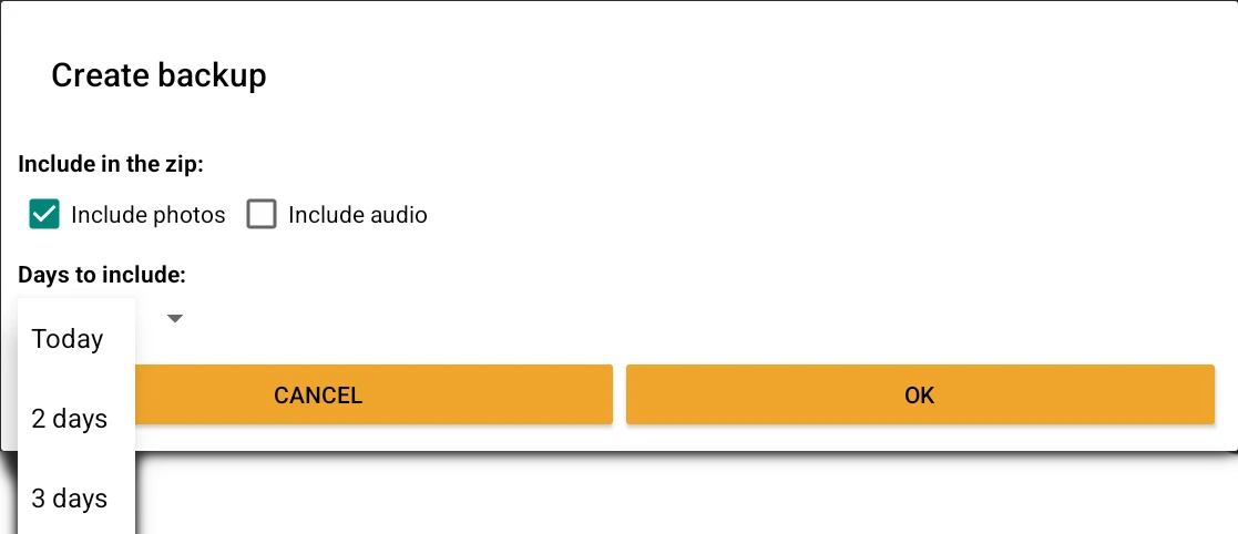 Create backup dialog with the Include in the zip block, the Include photos and Include audio checkboxes and the Days to include picker open