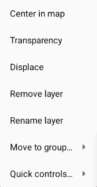 Raster layer menu: center in map, transparency, displace, remove, rename and move to group